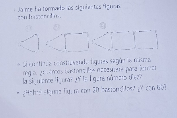 Jaime ha formado las siguientes figuras 
con bastoncillos. 
Si continúa construyendo figuras según la misma 
regla, ¿cuántos bastoncillos necesitará para formar 
la siguiente figura? ¿Y la figura número diez? 
¿Habrá alguna figura con 20 bastoncillos? ¿Y con 60?