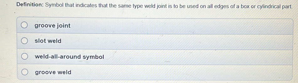 Solved: Definition: Symbol that indicates that the same type weld joint ...