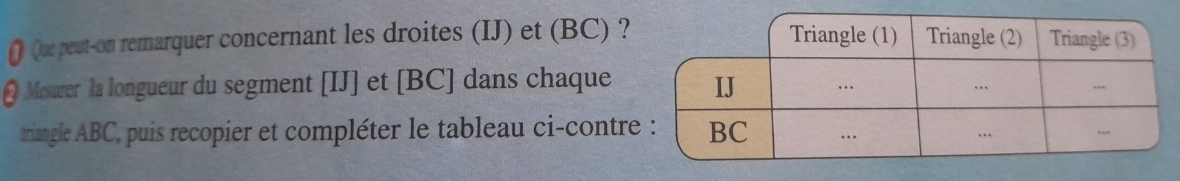 Que peut-on remarquer concernant les droites (IJ) et (BC) ? 
Mcsurer la longueur du segment [IJ] et [ BC ] dans chaque 
triangle ABC, puis recopier et compléter le tableau ci-contre