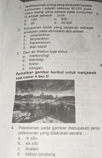 Apabila jumlah energi yang disalurkan kepada
konsumen I adalah sebesar 90.000 joule.
maka energi yang sampai pada konsumen
Ill adalah sebesar ... joule. 6.
a. 100 c. 900
b. 90 d 90 000
2 Komponen biotik yang berperan sebagai
produsen pada ekosistem laut adalah ….
a. zooplankton
b fitoplankton 7.
c. Paramecium
d. ikan sepat
3. Daur air disebut juga siklus …
a meteorologi
b. hidrologi
c fosfor
d. nitrogen 8
Perhatikan gambar berikut untuk menjawab
nomor 4 dan 5!
4. Pelestarian pada gambar merupakan jenis
pelestarian yang dilakukan secara ....
a. in situ
bù ex situ
c. buatan
d. kebun binatang