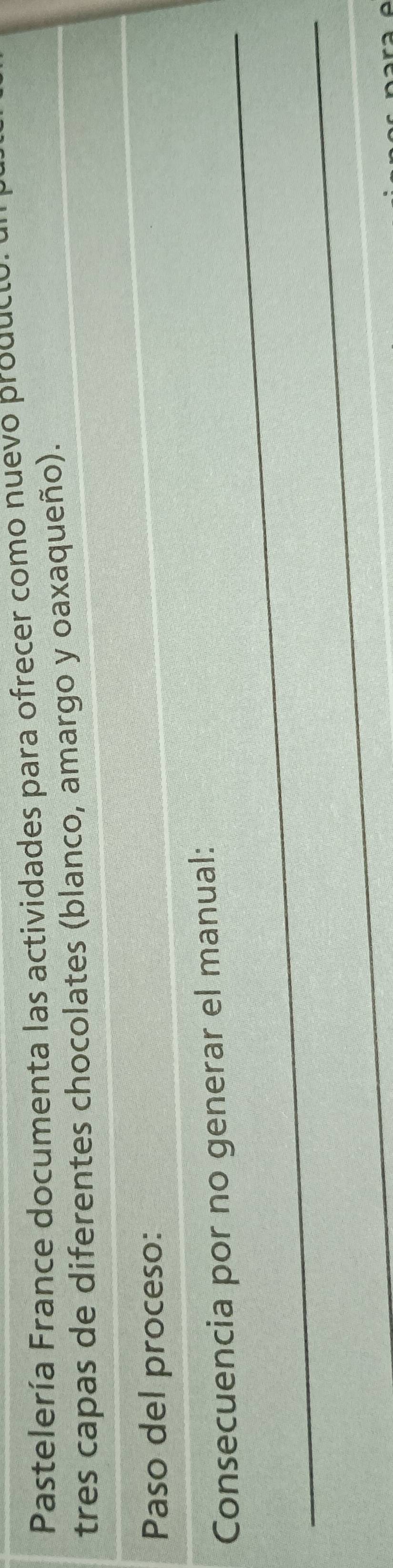 Pastelería France documenta las actividades para ofrecer como nuevo producio. o 
tres capas de diferentes chocolates (blanco, amargo y oaxaqueño). 
Paso del proceso: 
Consecuencia por no generar el manual: 
_