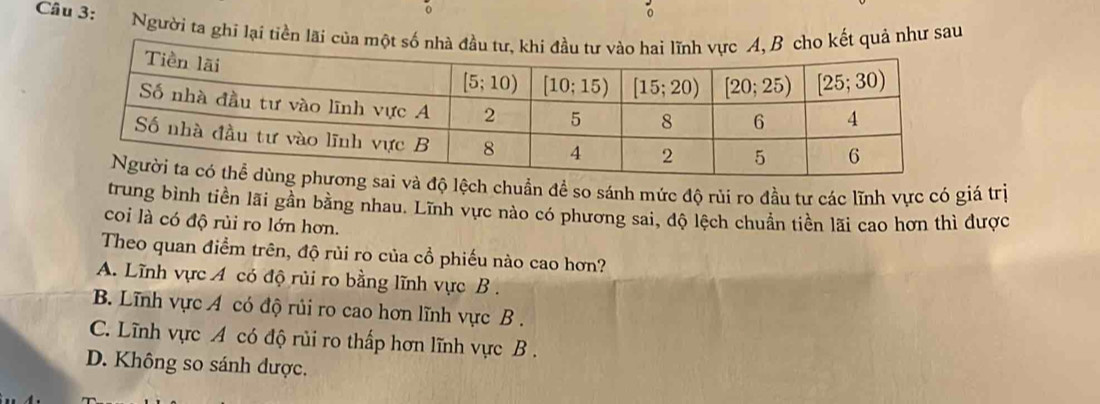 Người ta ghi lại tiền lãi của một sốo kết quả như sau
ệch chuẩn đề so sánh mức độ rùi ro đầu tư các lĩnh vực có giá trị
trung bình tiền lãi gần bằng nhau. Lĩnh vực nào có phương sai, độ lệch chuẩn tiền lãi cao hơn thì được
coi là có độ rùi ro lớn hơn.
Theo quan điểm trên, độ rủi ro của cổ phiếu nào cao hơn?
A. Lĩnh vực A có độ rủi ro bằng lĩnh vực B .
B. Lĩnh vực A có độ rủi ro cao hơn lĩnh vực B .
C. Lĩnh vực A có độ rủi ro thấp hơn lĩnh vực B .
D. Không so sánh được.