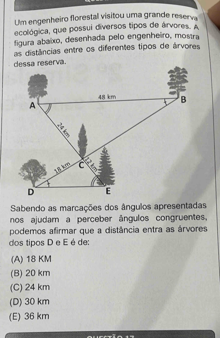 Um engenheiro florestal visitou uma grande reserva
ecológica, que possui diversos tipos de árvores. A
figura abaixo, desenhada pelo engenheiro, mostra
as distâncias entre os diferentes tipos de árvores
Sabendo as marcações dos ângulos apresentadas
nos ajudam a perceber ângulos congruentes,
podemos afirmar que a distância entra as árvores
dos tipos D e E é de:
(A) 18 KM
(B) 20 km
(C) 24 km
(D) 30 km
(E) 36 km