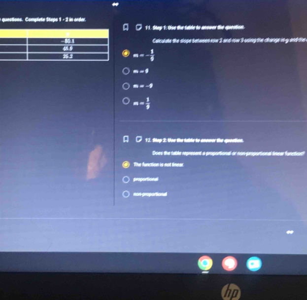 questions. Complete Steps 1 - 2 in order.
11. Step 1: Use the sable to anower the question.
Calculsts the slope between row 2 and row 3 using the changs in y and the
m=- 1/6 
m=9
m=-9
m= 1/9 
12. Step 2: Uso the table to anower the question.
Does the table represent a proportional or non proportional linear function?
The function is not linear.
proportional
ndn-proportional