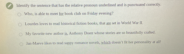 Identify the sentence that has the relative pronoun underlined and is punctuated correctly.
Who, is able to meet for book club on Friday evening?
Lourdes loves to read historical fiction books, that are set in World War II.
My favorite new author is, Anthony Doerr whose stories are so beautifully crafted.
Jan-Maeve likes to read sappy romance novels, which doesn’t fit her personality at all!