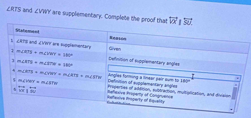 ∠ RTS and ∠ VWY are supplementary. Complete the proof tha