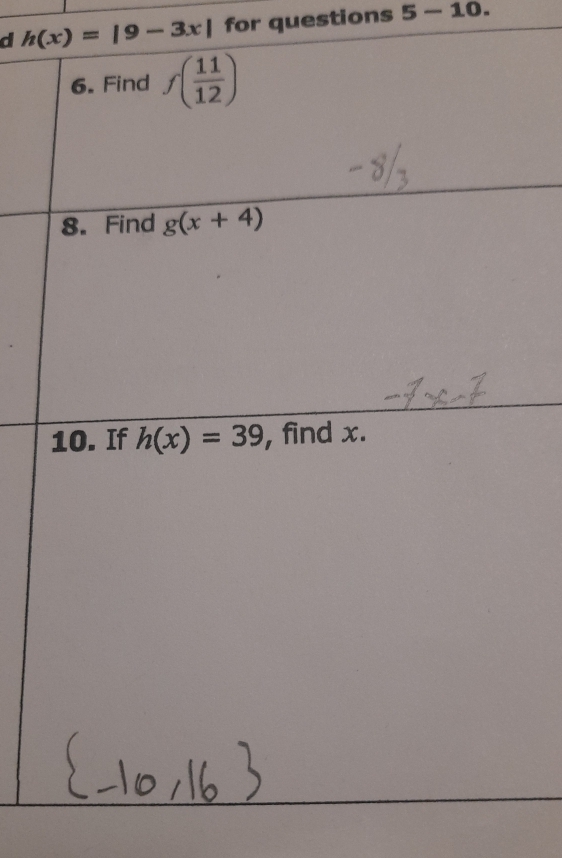 h(x)=|9-3x| for questions 5-10.