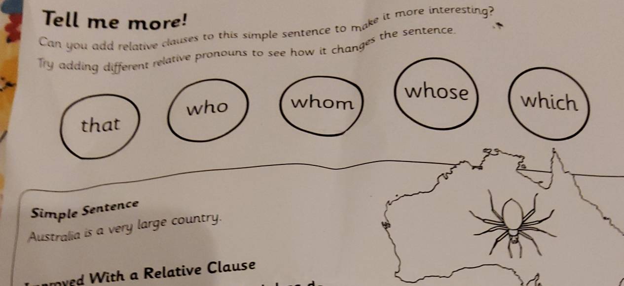 Tell me more! 
Can you add relative clauses to this simple sentence to make it more interesting? 
Try adding different relative pronouns to see how it changes the sentence. 
whose 
who 
whom which 
that 
Simple Sentence 
Australia is a very large country. 
myed With a Relative Clause