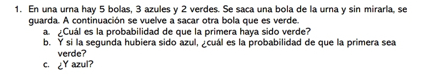 En una urna hay 5 bolas, 3 azules y 2 verdes. Se saca una bola de la urna y sin mirarla, se 
guarda. A continuación se vuelve a sacar otra bola que es verde. 
a. Cuál es la probabilidad de que la primera haya sido verde? 
b. Y si la segunda hubiera sido azul, ¿cuál es la probabilidad de que la primera sea 
verde? 
c. ¿Y azul?