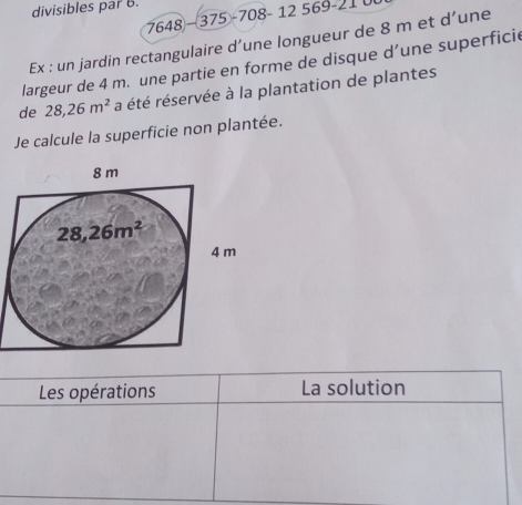 divisibles par 6.
7648 -375 -708- 12 569-21 
Ex : un jardin rectangulaire d’une longueur de 8 m et d’une
largeur de 4 m. une partie en forme de disque d’une superficie
de 28,26m^2 a été réservée à la plantation de plantes
Je calcule la superficie non plantée.
Les opérations La solution