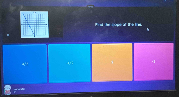 12/20
Find the slope of the line.
Q
4/2 -4/2 2 -2
Markenzlei
E^(wa)