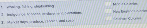 whaling, fishing, shipbuilding Middle Colonies 
2. indigo, rice, tobacco, enslavement, plantations New England Colonies 
3. Market days, produce, candles, and soap Southern Colonies