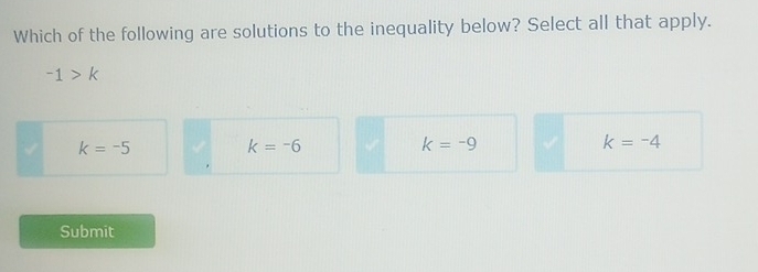 Which of the following are solutions to the inequality below? Select all that apply.
-1>k
k=-5
k=-6
k=-9
k=-4
Submit