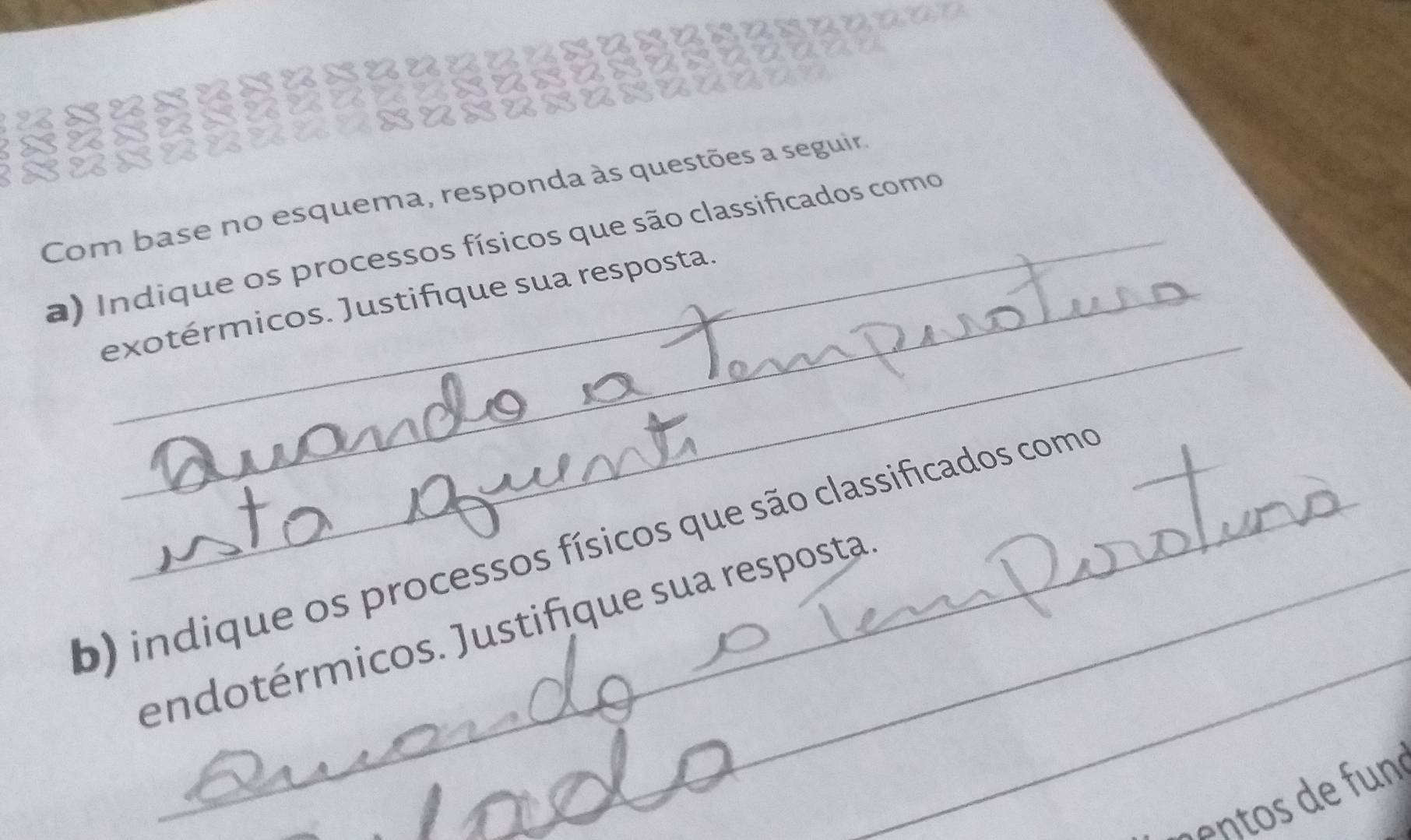 Com base no esquema, responda às questões a seguir. 
_ 
a) Indique os processos físicos que são classificados como 
exotérmicos. Justifique sua resposta. 
_ 
_ 
b) indique os processos físicos que são classificados como 
endotérmicos. Justifique sua resposta