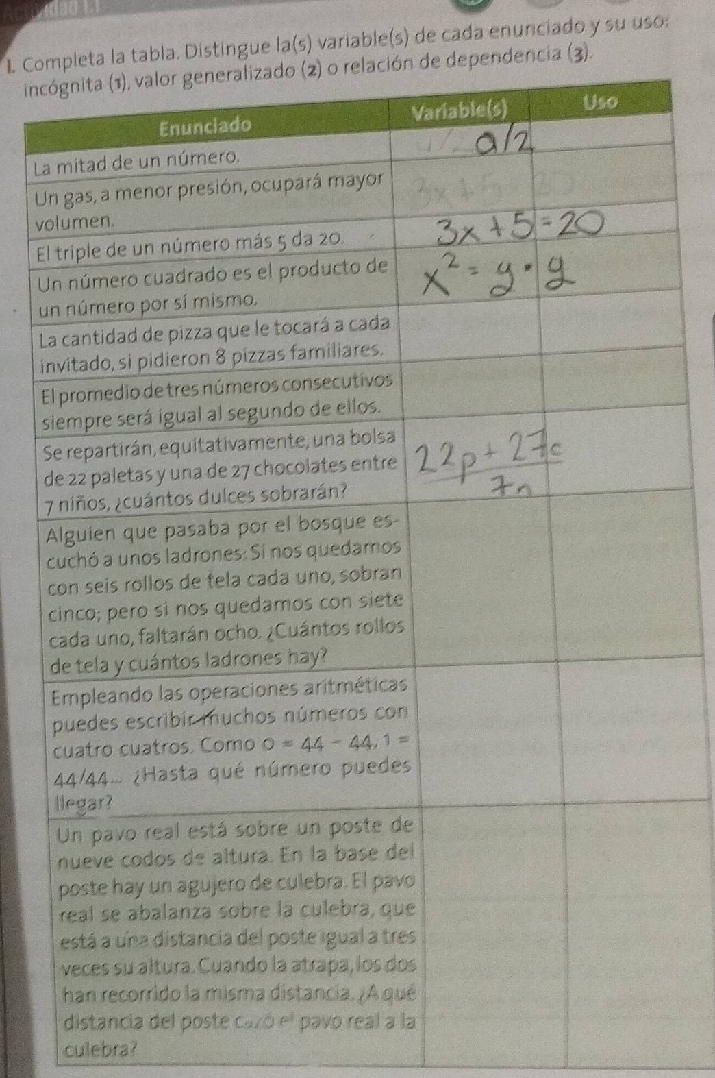 Cobla. Distingue la(s) variable(s) de cada enunciado y su uso:
incia (3).
La
U
vo
E
U
u
L
i
E
s
S
d
7
A
c
c
c
culebra?