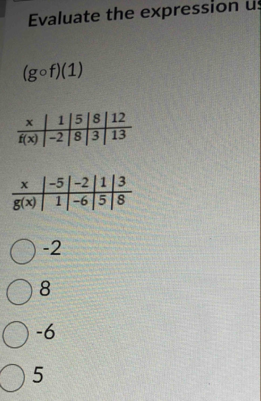 Evaluate the expression us
(gcirc f)(1)
-2
8
-6
5