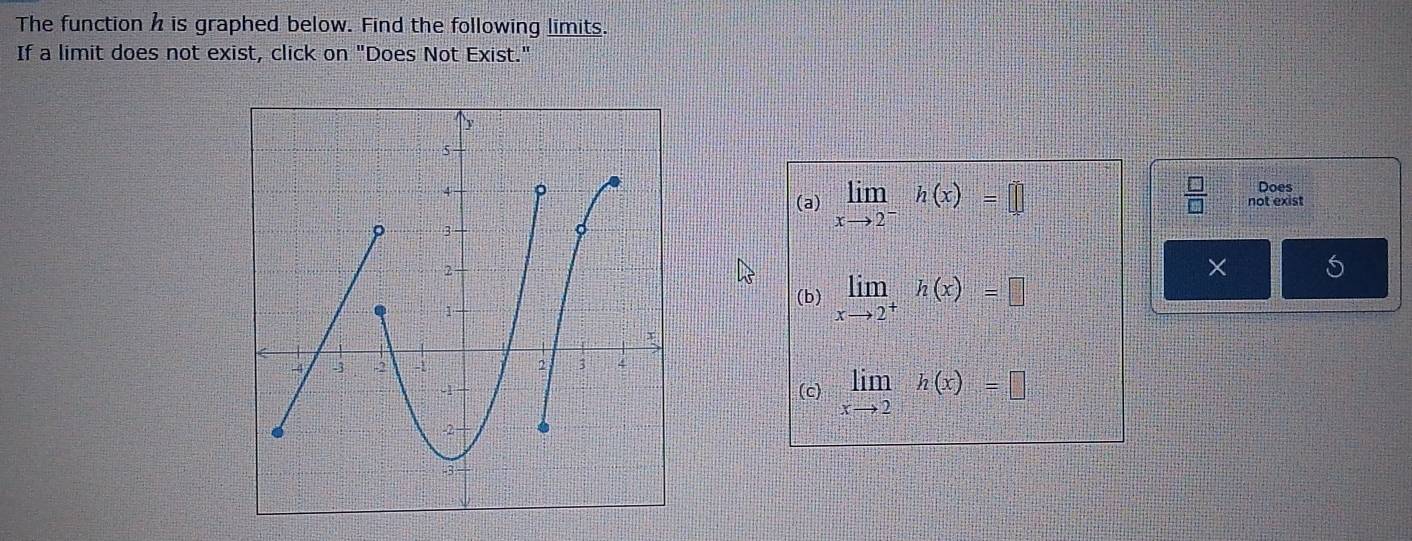 The function h is graphed below. Find the following limits.
If a limit does not exist, click on "Does Not Exist."
Does
(a) limlimits _xto 2^-h(x)=□  □ /□   not exist
× 15
(b) limlimits _xto 2^+h(x)=□
(c) limlimits _xto 2h(x)=□