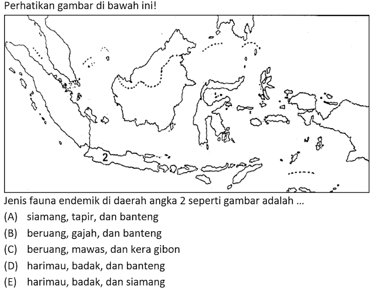 Perhatikan gambar di bawah ini!
Jenis fauna endemik di daerah angka 2 seperti gambar adalah ...
(A) siamang, tapir, dan banteng
(B) beruang, gajah, dan banteng
(C) beruang, mawas, dan kera gibon
(D) harimau, badak, dan banteng
(E) harimau, badak, dan siamang