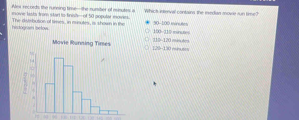 Alex records the running time—the number of minutes a Which interval contains the median movie run time?
movie lasts from start to finish—of 50 popular movies.
The distribution of times, in minutes, is shown in the 90-100 minutes
histogram below.
100-110 minutes
110-120 minutes
Movie Running Times minutes
120-130
70 00 00 100 1 120 120 145 100 (00