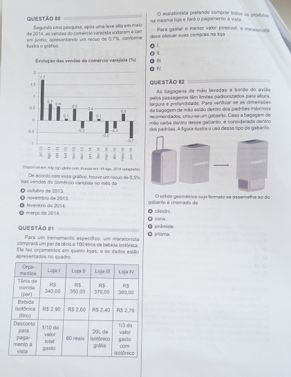 maratonista prefende comprar todos os produlos
Questão 80 na mesma loja e fará o pagamento à vista.
Segundo uma pesquisa, após uma leve alta em maio
de 2014, as vandas do comércio vare ista voltaram a cair Para gastar o menor valor possível, o maronista
ilustra o gráfico em junho, apresentando um recuo de 0.7%, conforme deve eletuar suas compras na loja
1
I.
III.
IV.
QUeStÃo 82
As bagagens de mão levadas a bordo do avião
pelos passageiros têm límites padronizados para altura,
largura e profundidade. Para verificar se as cimensões
da bagagem de mão estão dentro dos padrões máximos
recomendados, críou-se um gabarito. Caso a bagagem de
mão caiba dentro desse gabarito, é considerada dentro
dos padrões. A figura ilustra o uso desse tipo de gabarito.
Dispenivel er: N3p.Ng 5 globe.com. Acasso er: 14 ago, 2014 (adaplado).
De acordo com esse gráfico, houve um recuo de 0.5%
nas vendas do comércio varejista no mês de
O outubro de 2013.
◎ novembro de 2013. O sólido geométrico cujo formato se assemelha ao do
O fevereiro de 2014. gabarito é chamado de
cilindra.
① março de 2014, cane
QUESTÃo 81 pirâmide.
Para um treinamento específico, um maratonista ● prisma.
comprará um par de tênis e 100 litros de bebida isotônica.
apresentados no quadro. Ele fez orçamentos em quatro lojas, e os dados estão