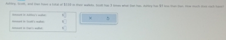 Ashley, Scott, and Dan have a total of $110 in their wallets. Scott has 3 times what Den has. Ashley has $5 less than Dan. How much does each have? 
Amount in Aew's wati s□
Amount in Scom's wallet □ 
Amount in Dan's wallet: □