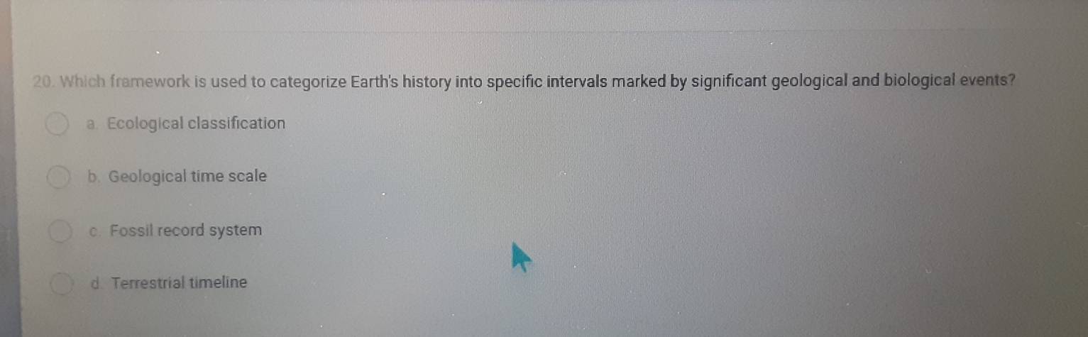 Which framework is used to categorize Earth's history into specific intervals marked by significant geological and biological events?
a. Ecological classification
b. Geological time scale
c. Fossil record system
d. Terrestrial timeline