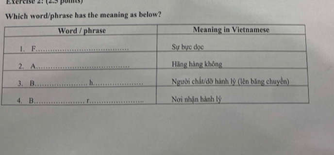 Exércise 2: (2.5 poms) 
Which word/phrase has the meaning as below?