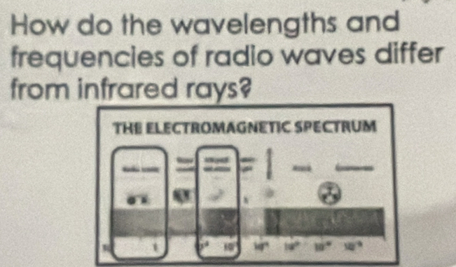 How do the wavelengths and 
frequencies of radio waves differ 
from infrared rays? 
THE ELECTROMAGNETIC SPECTRUM

1 w