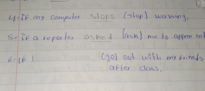 40if my computer stops (stop) working, 
S= ir a reporter ashed lasn) me to appear on 
6=1f1 
(go) out with my friends 
after class.