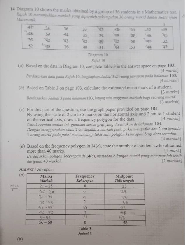 Diagram 10 shows the marks obtained by a group of 36 students in a Mathematics test. 
Rajah 10 menunjukkan markah yang diperoleh sekumpulan 36 orang murid dalam suatu ujian E 
Matematik. 
Diagram 10 
Rajah 10 
(α) Based on the data in Diagram 10, complete Table 3 in the answer space on page 103. 
[4 marks] 
Berdasarkan data pada Rajah 10, lengkapkan Jadual 3 di ruang jawapan pada halaman 103. 
[4 markah] 
(b) Based on Table 3 on page 103, calculate the estimated mean mark of a student. 
[3 marks] 
Berdasarkan Jadual 3 pada halaman 103, hitung min anggaran markah bagi seorang murid. 
[3 markah] 
(c) For this part of the question, use the graph paper provided on page 104. 
By using the scale of 2 cm to 5 marks on the horizontal axis and 2 cm to 1 student 
on the vertical axis, draw a frequency polygon for the data. [4 marks] 
Untuk ceraian soalan ini, gunakan kertas graf yang disediakan di halaman 104. 
Dengan menggunakan skala 2 cm kepada 5 markah pada paksi mengufuk dan 2 cm kepada
1 orang murid pada paksi mencancang, lukis satu poligon kekerapan bagi data tersebut. 
[4 markah] 
(σ) Based on the frequency polygon in 14 (c). ), state the number of students who obtained 
more than 40 marks. [1 mark] 
Berdasarkan poligon kekerapan di 14(c) , nyatakan bilangan murid yang memperoleh lebih 
daripada 40 markah. [1 markah] 
Answer / Jawapan: 
3 
Jadual 3 
(b)