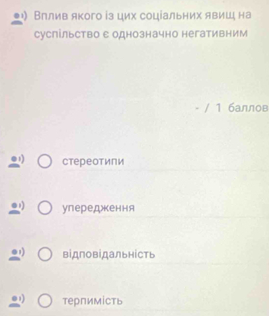 Вплив якого із цих соціальних явиш¸ на
суспільство с однозначно негативним
- / 1 баллов
стереотипи
упереджкення
відповідальніCть
терпимість