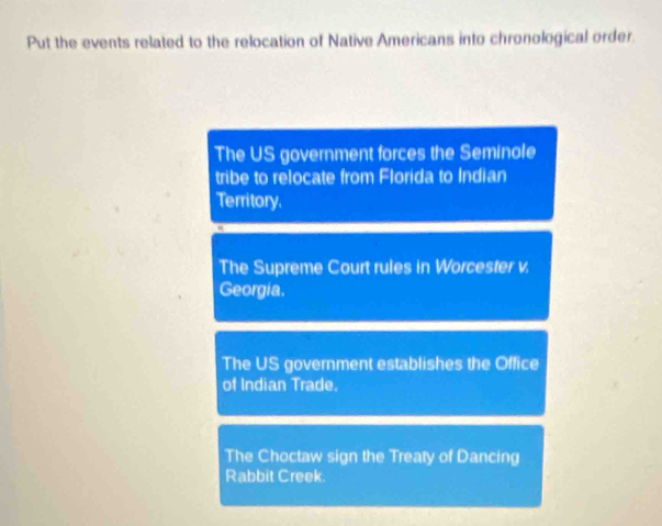 Put the events related to the relocation of Native Americans into chronological order.
The US government forces the Seminole
tribe to relocate from Florida to Indian
Territory.
The Supreme Court rules in Worcester v.
Georgia.
The US government establishes the Office
of Indian Trade.
The Choctaw sign the Treaty of Dancing
Rabbit Creek.