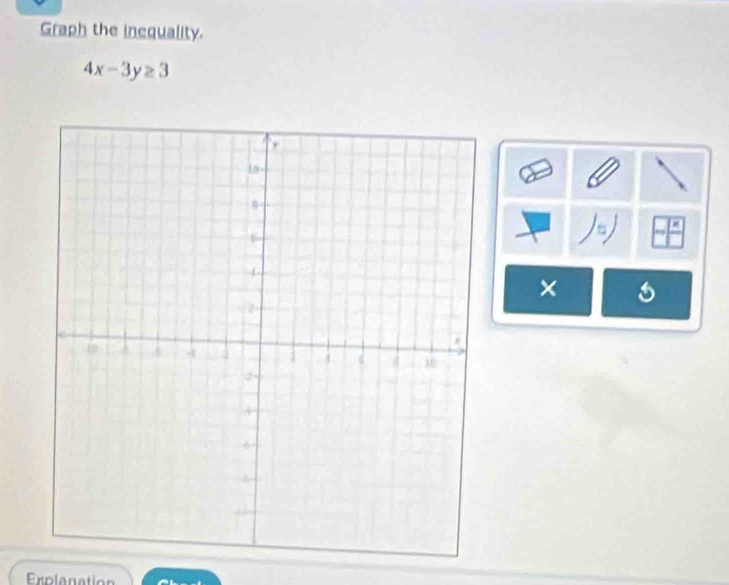 Graph the inequality.
4x-3y≥ 3
= 
× 
Explenation