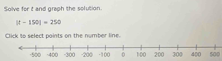 Solve for t and graph the solution.
|t-150|=250
Click to select points on the number line.
500