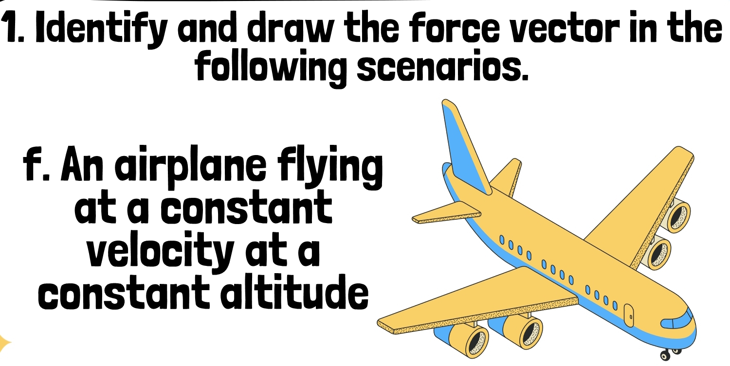 Identify and draw the force vector in the 
following scenarios. 
f. An airplane flyin 
at a constant 
velocity at a 
constant altitude