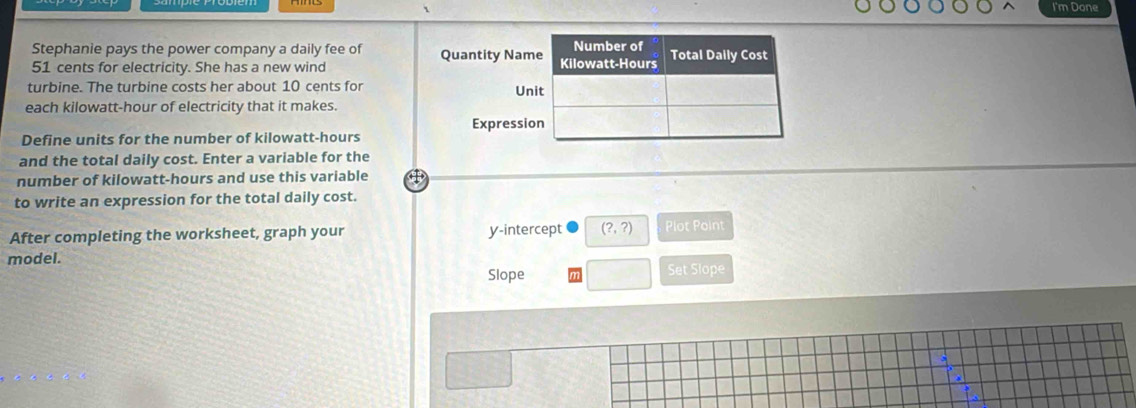 I'm Done 
Stephanie pays the power company a daily fee of Quantity Nam
51 cents for electricity. She has a new wind 
turbine. The turbine costs her about 10 cents for 
Un 
each kilowatt-hour of electricity that it makes. 
Expressi 
Define units for the number of kilowatt-hours 
and the total daily cost. Enter a variable for the 
number of kilowatt-hours and use this variable 
to write an expression for the total daily cost. 
After completing the worksheet, graph your y-intercept (?,?) Plot Point 
model. 
Slope Set Slope