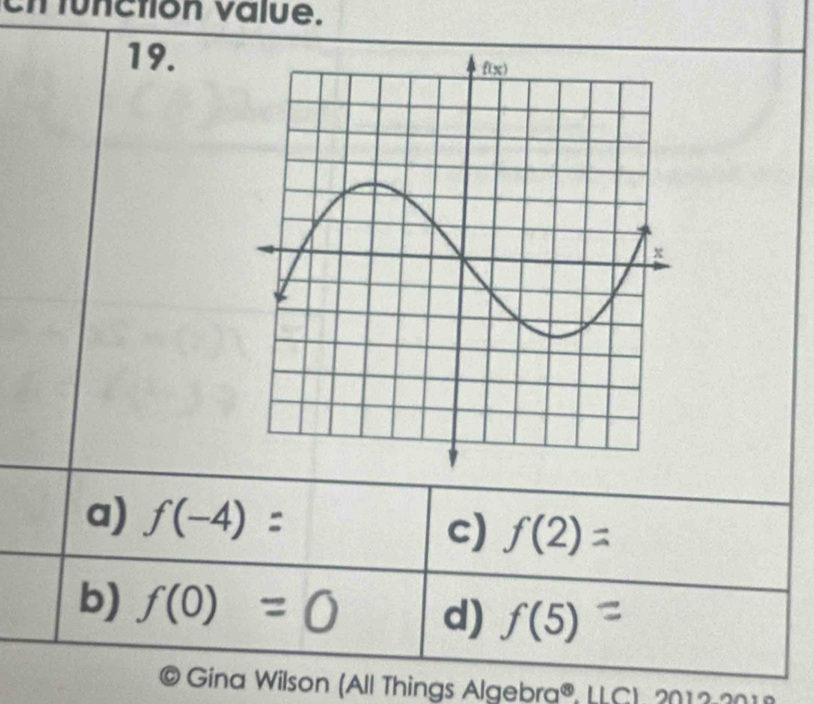 cn function value.
19.
a) f(-4)=
c) f(2)=
b) f(0)=0 d) f(5)=
Gina Wilson (All Things Algebra®, LLC)