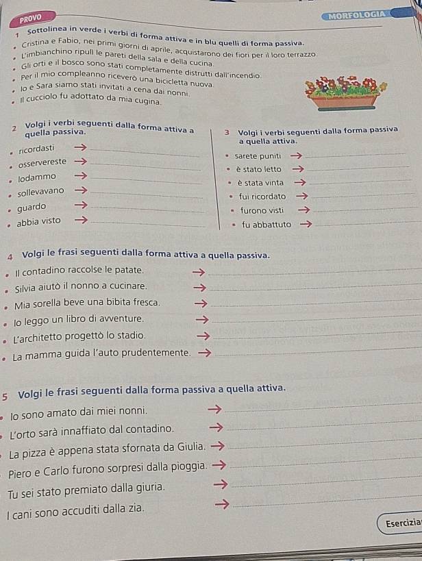 PROVO
MORFOLOGIA
1 Sottolinea in verde i verbi di forma attiva e in blu quelli di forma passiva
Cristina e Fabio, nei primi giorni di aprile, acquistarono dei fiori per il loro terrazzo
Limbianchino ripulí le pareti della sala e della cucina
Gli orti e il bosco sono stati completamente distrutti dall"incendio
Per il mio compleanno riceveró una bicicletta nuova
o e Sara siamo stati invitati a cena dai nonni.
Il cucciolo fu adottato da mia cugina.
2 Volgi i verbi seguenti dalla forma attiva a 3 Volgi i verbi seguenti dalla forma passiva
quella passiva.
a quella attiva.
ricordasti_
sarete puniti
_
osservereste_
è stato letto
_
Iodammo_
è stata vinta
_
sollevavano_
fui ricordato
_
guardo
_
furono visti
_
abbia visto_
fu abbattuto
_
4 Volgi le frasi seguenti dalla forma attiva a quella passiva.
Il contadino raccolse le patate.
_
. Silvia aiutò il nonno a cucinare.
_
Mia sorella beve una bibita fresca.
_
Io leggo un libro di avventure.
_
L'architetto progettò lo stadio
_
La mamma guida l’auto prudentemente.
_
5 Volgi le frasi seguenti dalla forma passiva a quella attiva.
_
Io sono amato dai miei nonni.
_
L'orto sarà innaffiato dal contadino.
La pizza è appena stata sfornata da Giulia.
_
_
Piero e Carlo furono sorpresi dalla pioggia.
_
Tu sei stato premiato dalla giuria.
I cani sono accuditi dalla zia.
_
Esercizia