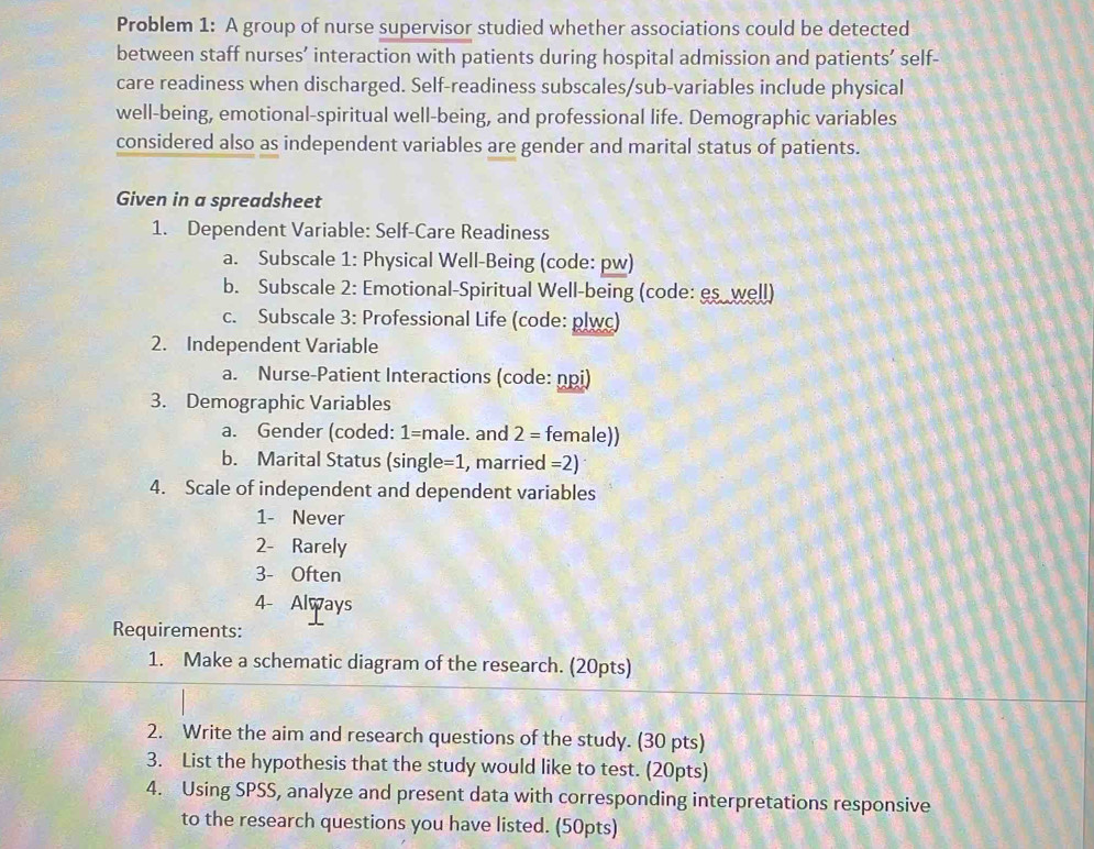 Problem 1: A group of nurse supervisor studied whether associations could be detected
between staff nurses’ interaction with patients during hospital admission and patients’ self-
care readiness when discharged. Self-readiness subscales/sub-variables include physical
well-being, emotional-spiritual well-being, and professional life. Demographic variables
considered also as independent variables are gender and marital status of patients.
Given in a spreadsheet
1. Dependent Variable: Self-Care Readiness
a. Subscale 1: Physical Well-Being (code: pw)
b. Subscale 2: Emotional-Spiritual Well-being (code: es well)
c. Subscale 3: Professional Life (code: plwc)
2. Independent Variable
a. Nurse-Patient Interactions (code: npi)
3. Demographic Variables
a. Gender (coded: 1= male. and 2 = female))
b. Marital Status (single =1 , married =2)
4. Scale of independent and dependent variables
1- Never
2- Rarely
3- Often
4- Always
Requirements:
1. Make a schematic diagram of the research. (20pts)
2. Write the aim and research questions of the study. (30 pts)
3. List the hypothesis that the study would like to test. (20pts)
4. Using SPSS, analyze and present data with corresponding interpretations responsive
to the research questions you have listed. (50pts)