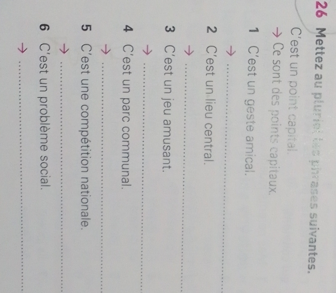 Mettez au pluriol les phrases suivantes. 
C'est un point capital. 
Ce sont des points capitaux. 
1 C’est un geste amical. 
_ 
2 C’est un lieu central. 
_ 
3 C’est un jeu amusant. 
_ 
4 C’est un parc communal. 
_ 
5 C'est une compétition nationale. 
_ 
6 C'est un problème social. 
_