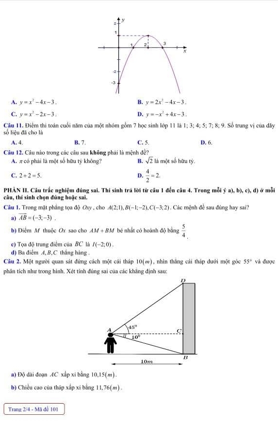 A. y=x^2-4x-3. B. y=2x^2-4x-3.
C. y=x^2-2x-3. D. y=-x^2+4x-3.
Câu 11. Điểm thi toán cuối năm của một nhóm gồm 7 học sinh lớp 11 là 1; 3; 4; 5; 7; 8; 9. Số trung vị của dãy
số liệu đã cho là
A. 4. B. 7. C. 5. D. 6.
Câu 12. Câu nào trong các câu sau không phải là mệnh đề?
A. π có phải là một số hữu tý không? B. sqrt(2) là một số hữu tỷ.
C. 2+2=5. D.  4/2 =2.
PHẢN II. Câu trắc nghiệm đúng sai. Thí sinh trả lời từ câu 1 đến câu 4. Trong mỗi (a) ), b), c), d) ở mỗi
câu, thí sinh chọn đúng hoặc sai.
Câu 1. Trong mặt phẳng tọa độ Oxy , cho A(2;1),B(-1;-2),C(-3;2) Các mệnh đề sau đúng hay sai?
a) overline AB=(-3;-3).
b) Điểm M thuộc Ox sao cho AM+BM bé nhất có hoành độ bằng  5/4 
c) Tọa độ trung điểm của BC là I(-2;0).
d) Ba điểm A,B, C thẳng hàng .
Câu 2. Một người quan sát đứng cách một cái tháp 10(m) , nhìn thăng cái tháp dưới một gỏc 55° và được
phân tích như trong hình. Xét tính đúng sai của các khăng định sau:
D
A 45° C
10°
10m B
a) Độ dài đoạn AC xấp xỉ bằng 10,15(m).
b) Chiều cao của tháp xấp xỉ bằng 11,76(m) .
Trang 2/4 - Mã đề 101