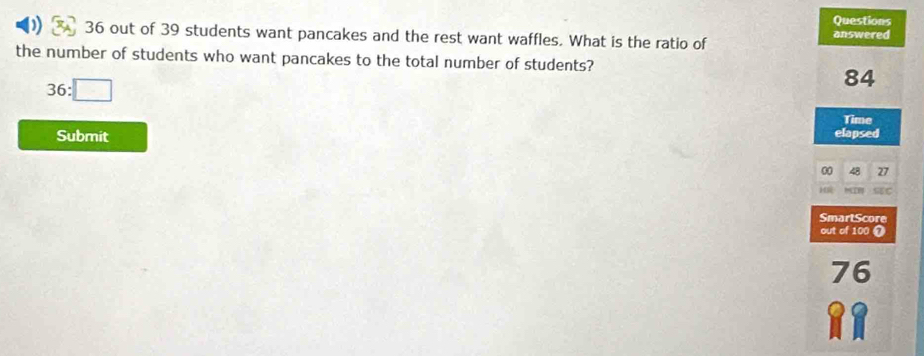 Questions
) 36 out of 39 students want pancakes and the rest want waffles. What is the ratio of answered
the number of students who want pancakes to the total number of students?
84
36:□
Time
Submit elapsed
00 27
H
SmartScore
out of 100 0
76