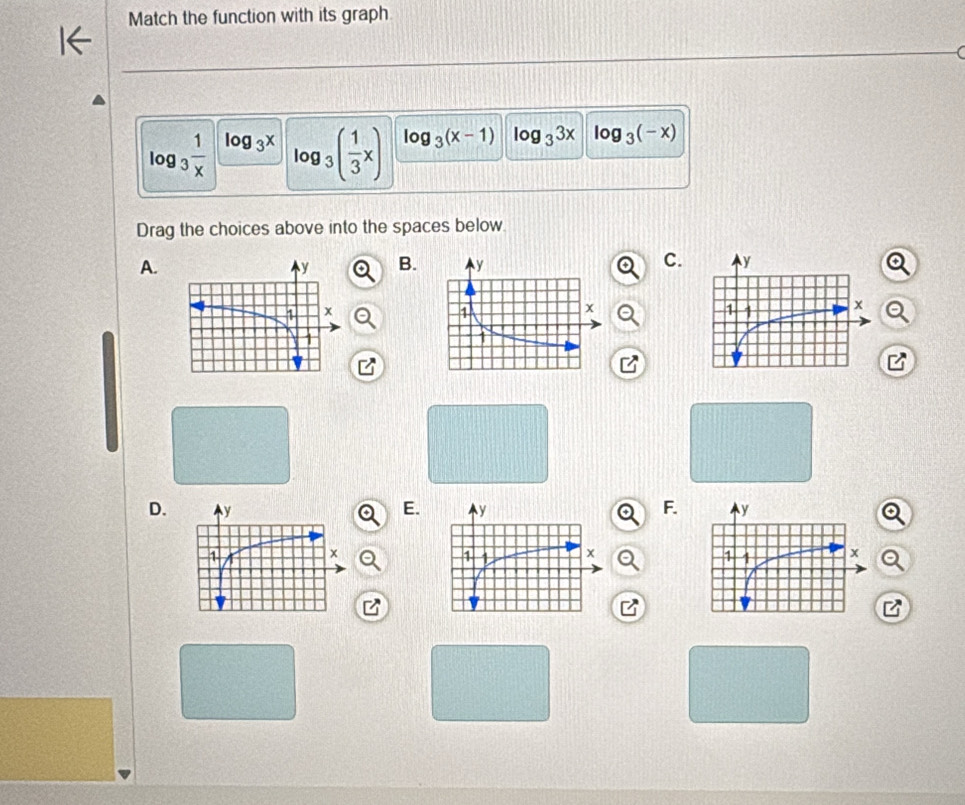 Match the function with its graph
log _3 1/x  log _3x log _3( 1/3 x) log _3(x-1) log _33x log _3(-x)
Drag the choices above into the spaces below
A.
B.C.
D.E.F.