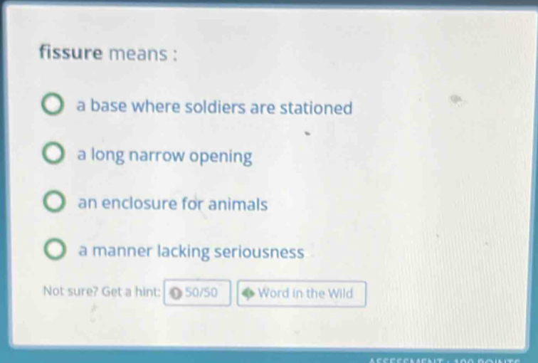 fissure means :
a base where soldiers are stationed
a long narrow opening
an enclosure for animals
a manner lacking seriousness
Not sure? Get a hint: 50/50 Word in the Wild