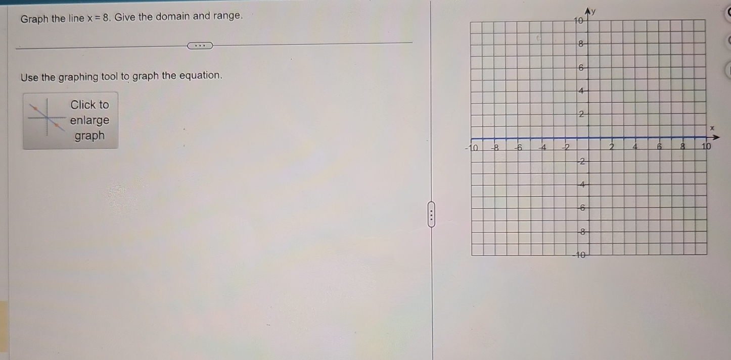 Graph the line x=8. Give the domain and range.
y
Use the graphing tool to graph the equation. 
Click to 
enlarge 
graph