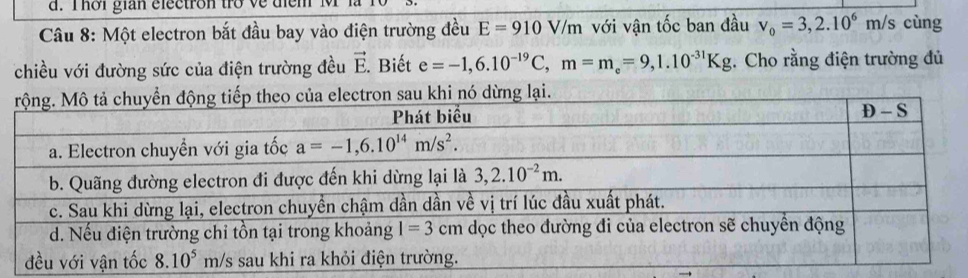 Thời gian electron tro ve dien
Câu 8: Một electron bắt đầu bay vào điện trường đều E=910V/r m với vận tốc ban đầu v_0=3,2.10^6m /s cùng
chiều với đường sức của điện trường đều vector E. Biết e=-1,6.10^(-19)C,m=m_e=9,1.10^(-31)Kg 1. Cho rằng điện trường đủ