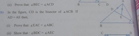 (ii) Prove that: ∠ BEC=∠ ACD
(b) In the figure, CD is the bisector of ∠ ACB. If
AD=AE then, 
(i) Prove that: ∠ EAC=∠ ABC. 
(ii) Show that : ∠ BDC=∠ AEC