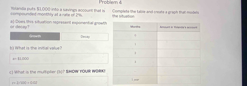 Problem 4
Yolanda puts $1,000 into a savings account that is Complete the table and create a graph that models
compounded monthly at a rate of 2%. the situation
a) Does this situation represent exponential growth
or decay?
Growth Decay
b) What is the initial value?
a=$1,000
c) What is the multiplier (b)? SHOW YOUR WORK!
r=2/100=0.02