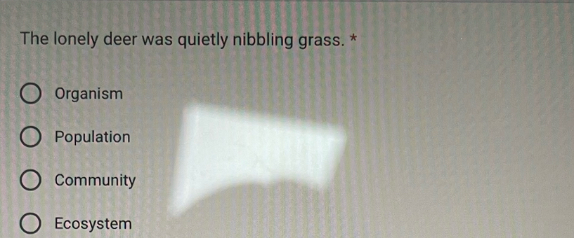 The lonely deer was quietly nibbling grass. *
Organism
Population
Community
Ecosystem