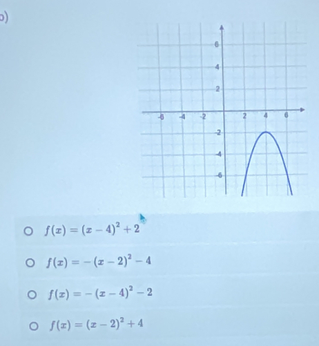 f(x)=(x-4)^2+2
f(x)=-(x-2)^2-4
f(x)=-(x-4)^2-2
f(x)=(x-2)^2+4